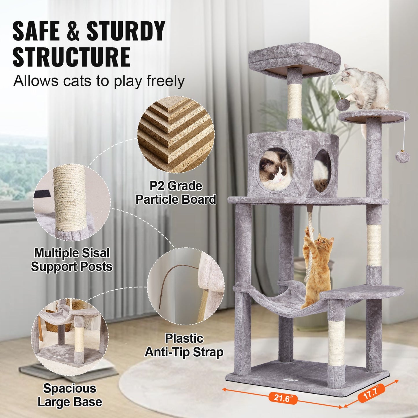 Cat Tree 56.2" Cat Tower with Cat Condo Sisal Scratching Post Light Gray