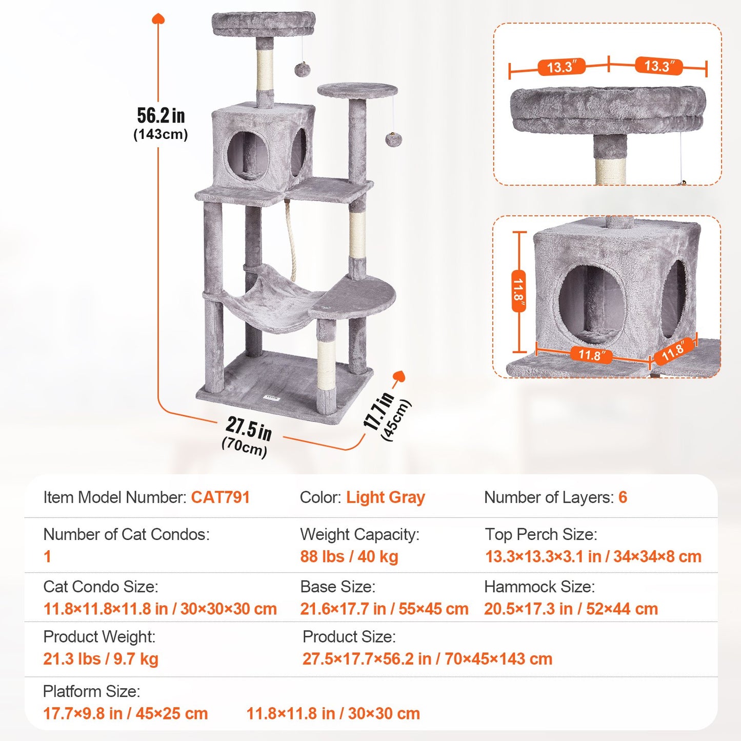 Cat Tree 56.2" Cat Tower with Cat Condo Sisal Scratching Post Light Gray