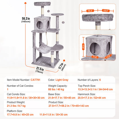 Cat Tree 56.2" Cat Tower with Cat Condo Sisal Scratching Post Light Gray
