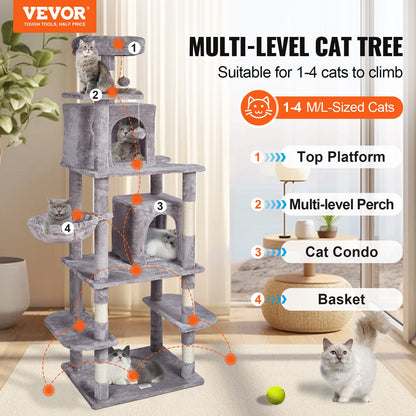 Cat Tree 68.5" Cat Tower with Cat Condos Sisal Scratching Post Light Gray