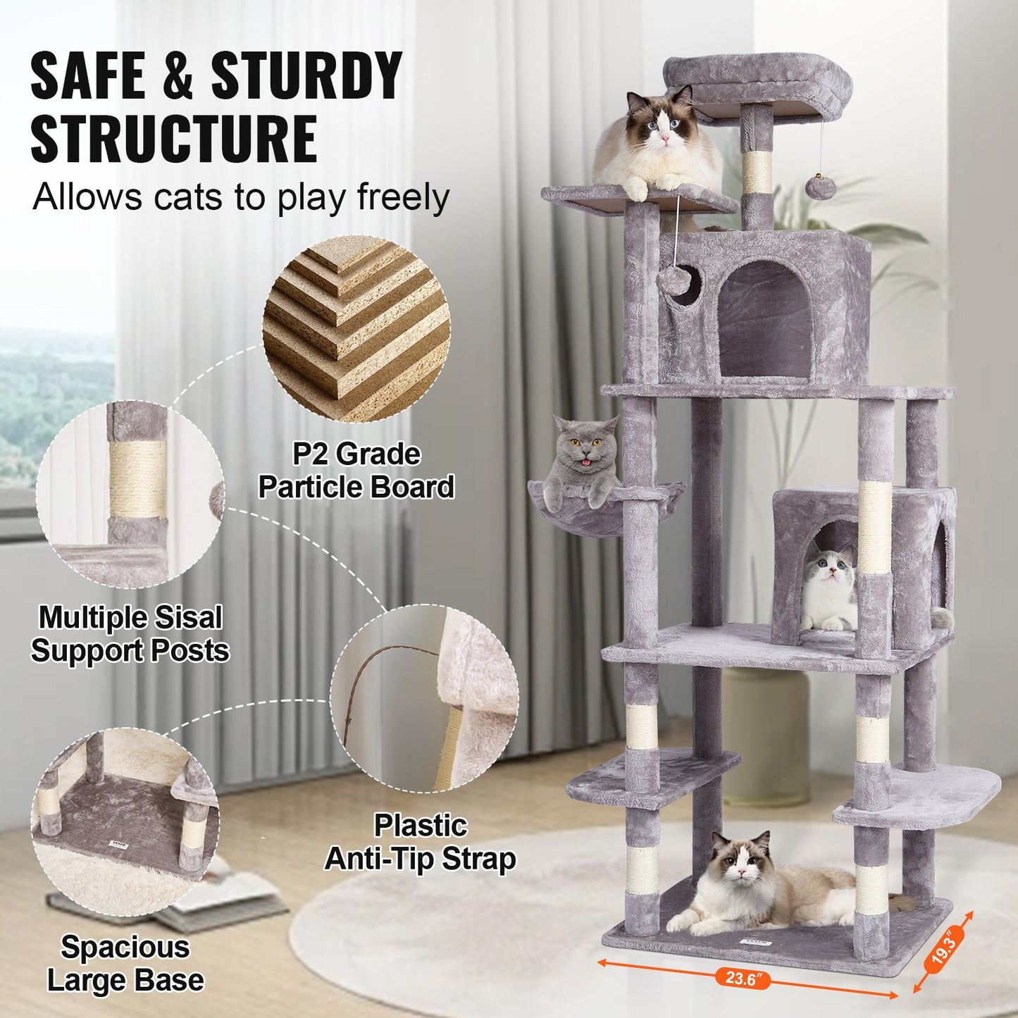 Cat Tree 68.5" Cat Tower with Cat Condos Sisal Scratching Post Light Gray