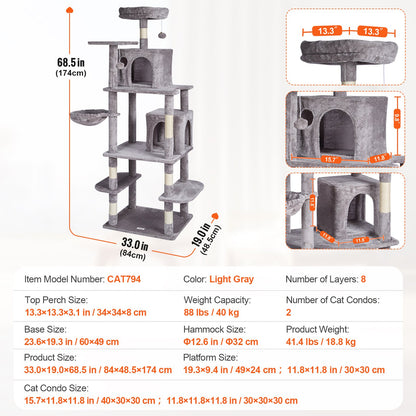 Cat Tree 68.5" Cat Tower with Cat Condos Sisal Scratching Post Light Gray