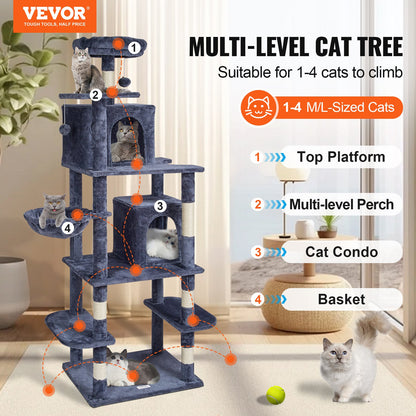 Cat Tree 68.5" Cat Tower with Cat Condos Sisal Scratching Post Dark Gray