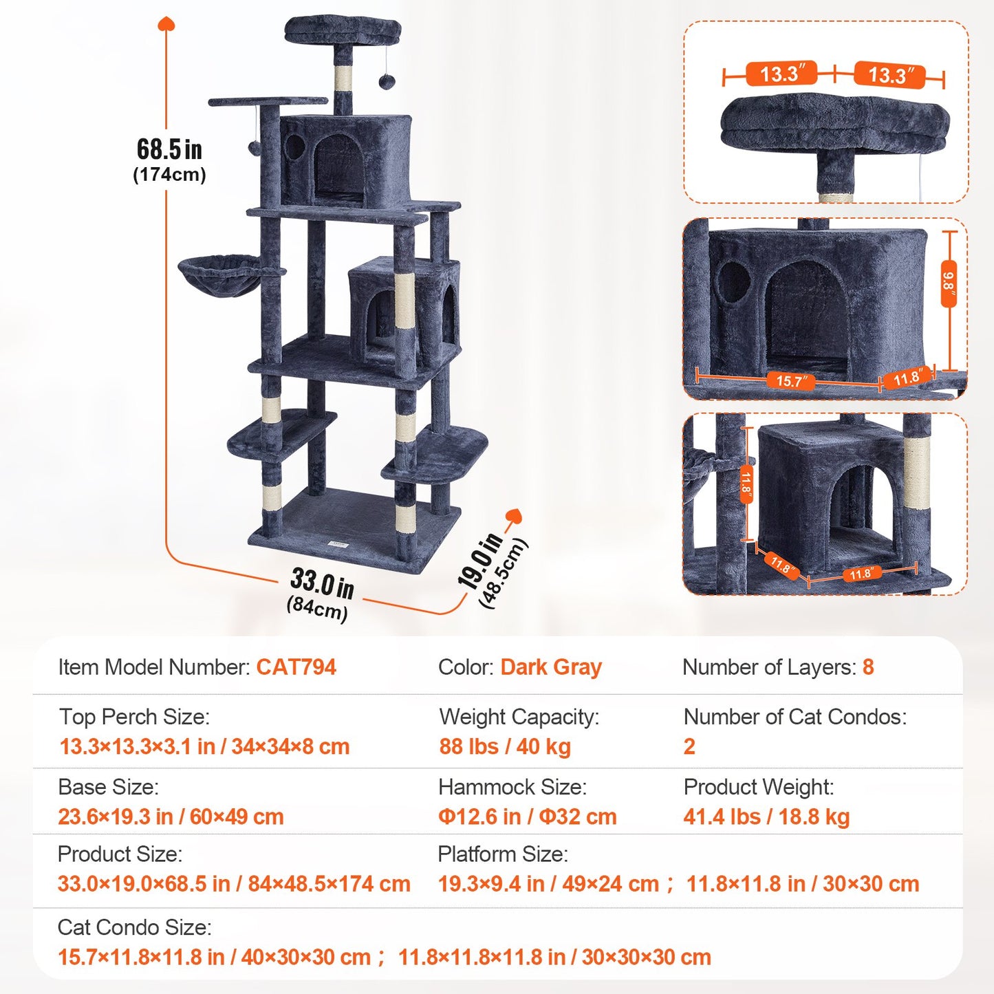 Cat Tree 68.5" Cat Tower with Cat Condos Sisal Scratching Post Dark Gray