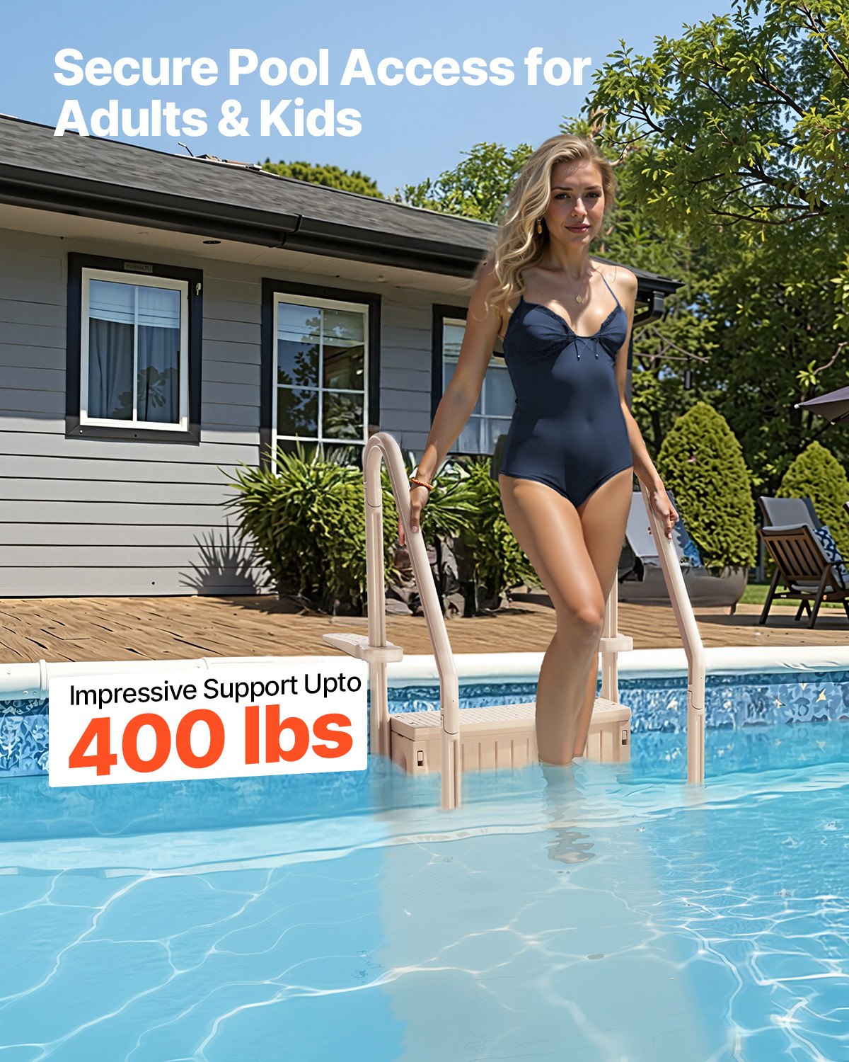 4-stegs Taupe poolstege med 2 ledstänger stödjer 400 lb för 48-54 i pooler