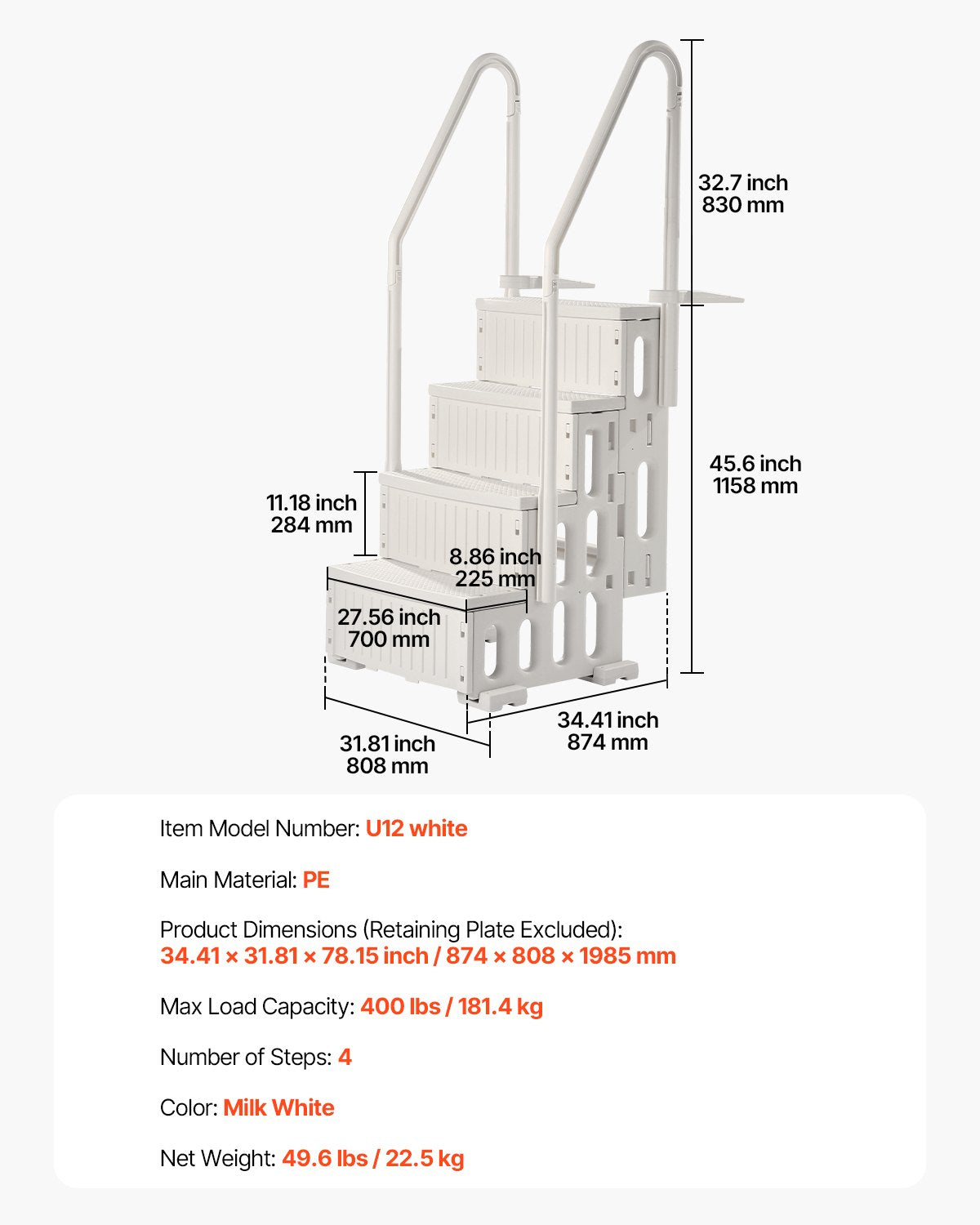 4-Step White Pool Ladder with 2 Handrails Supports 400 lb for 48-54 in Pools