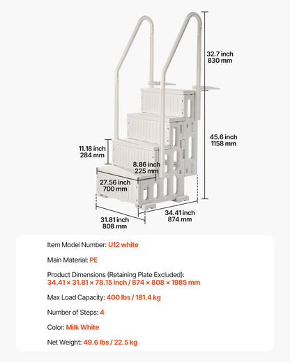 4-Step White Pool Ladder with 2 Handrails Supports 400 lb for 48-54 in Pools