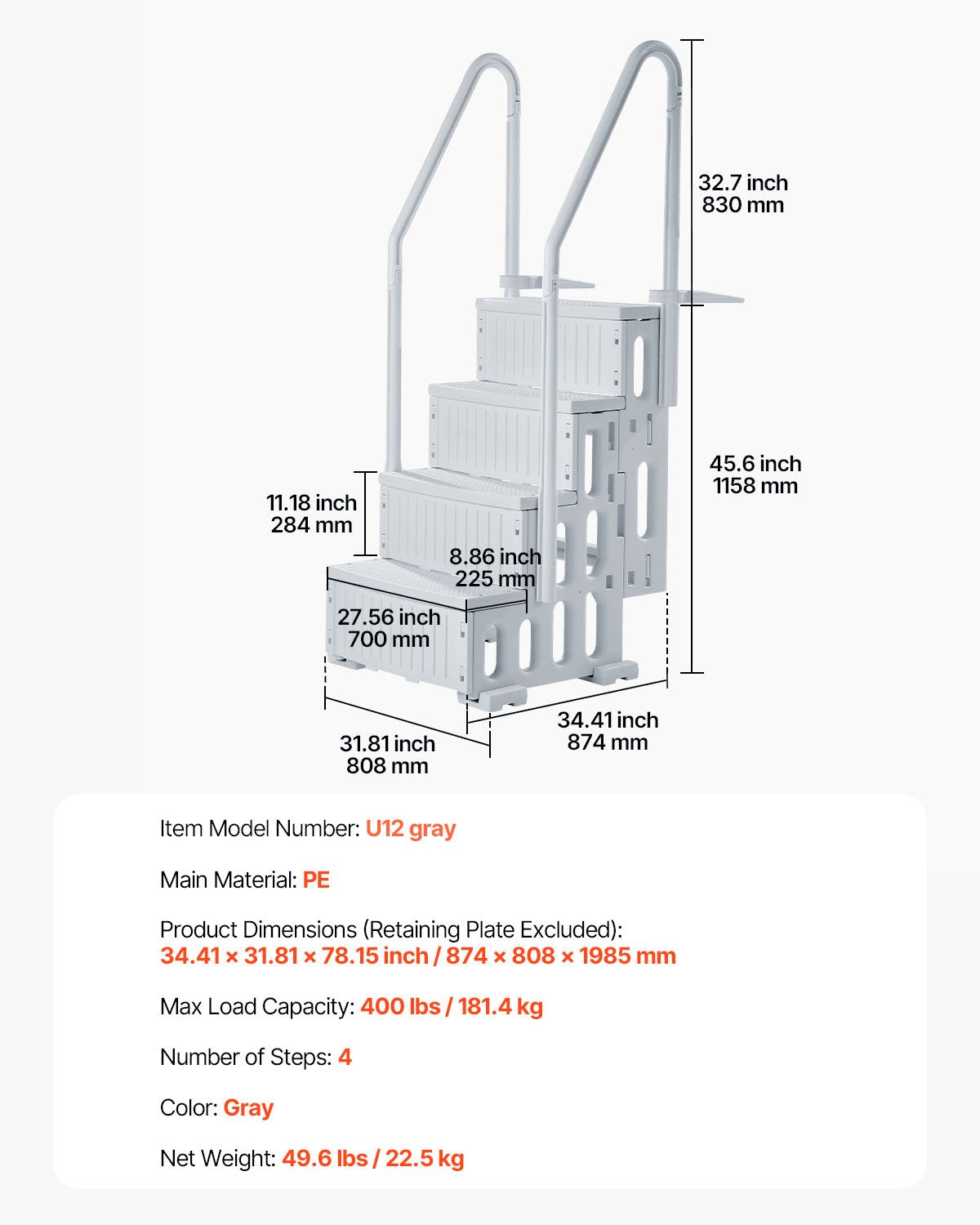 4-step gray pool ladder with 2 handrails supports 400 lb for 48-54 in the pool