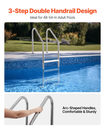 Robust stainless steel pool ladder 3 steps &amp; 2 handrails for 48-54 in the pool