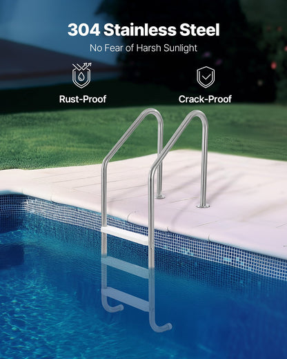Robust stainless steel pool ladder 3 steps &amp; 2 handrails for 48-54 in the pool