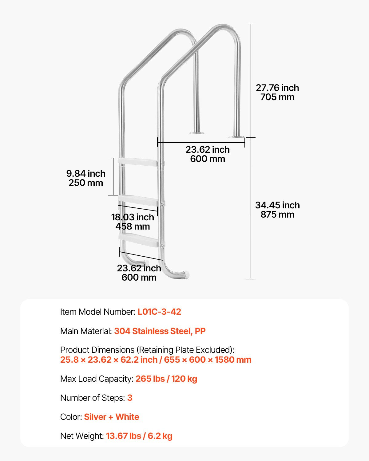 Robust stainless steel pool ladder 3 steps &amp; 2 handrails for 48-54 in the pool