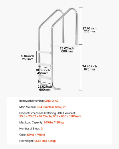 Robust stainless steel pool ladder 3 steps &amp; 2 handrails for 48-54 in the pool