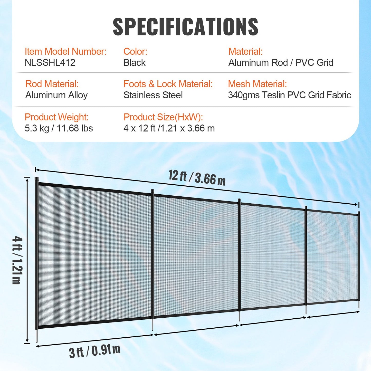 Pool Fence, 4 x 12 FT Pool Fence for Inground Pools, Removable Child Safety Pool Fence, Easy DIY Installation Pool Fence, 340 Gram Teslin PVC Pool Fence Mesh Protects Children and Pets