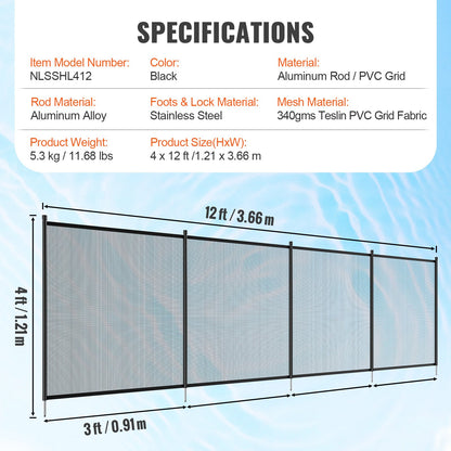 Pool Fence, 4 x 12 FT Pool Fence for Inground Pools, Removable Child Safety Pool Fence, Easy DIY Installation Pool Fence, 340 Gram Teslin PVC Pool Fence Mesh Protects Children and Pets