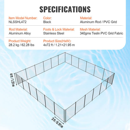 Pool staket, 4 x 72 FT pool staket för inground pooler, löstagbart barnsäkerhet pool staket, enkel DIY installation pool staket, 340 gram Teslin PVC pool staket Mesh skyddar barn och husdjur