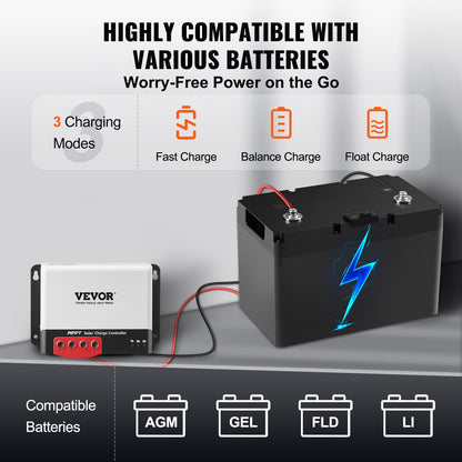 50A MPPT Solar Charge Controller, 12V / 24V Auto DC Input, Solar Panel Regulator Laddare med Bluetooth-modul, 98 % laddningseffektivitet för förseglad (AGM), gel, översvämmad och litiumbatteriladdning