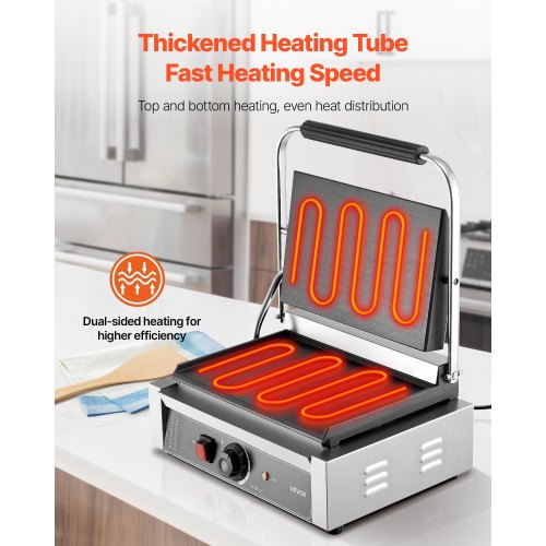 Kommersiell Panini Grill, 2200W elektrisk smörgåspaninimaskin, pressgrill i rostfritt stål med handtag och temperaturkontroll, 34x23 cm helplatt emaljplatta, för hamburgare, biff och bacon |  EU