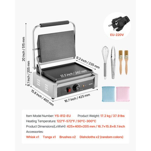 Kommersiell Panini Grill, 2200W elektrisk smörgåspaninimaskin, pressgrill i rostfritt stål med handtag och temperaturkontroll, 34x23 cm helplatt emaljplatta, för hamburgare, biff och bacon |  EU