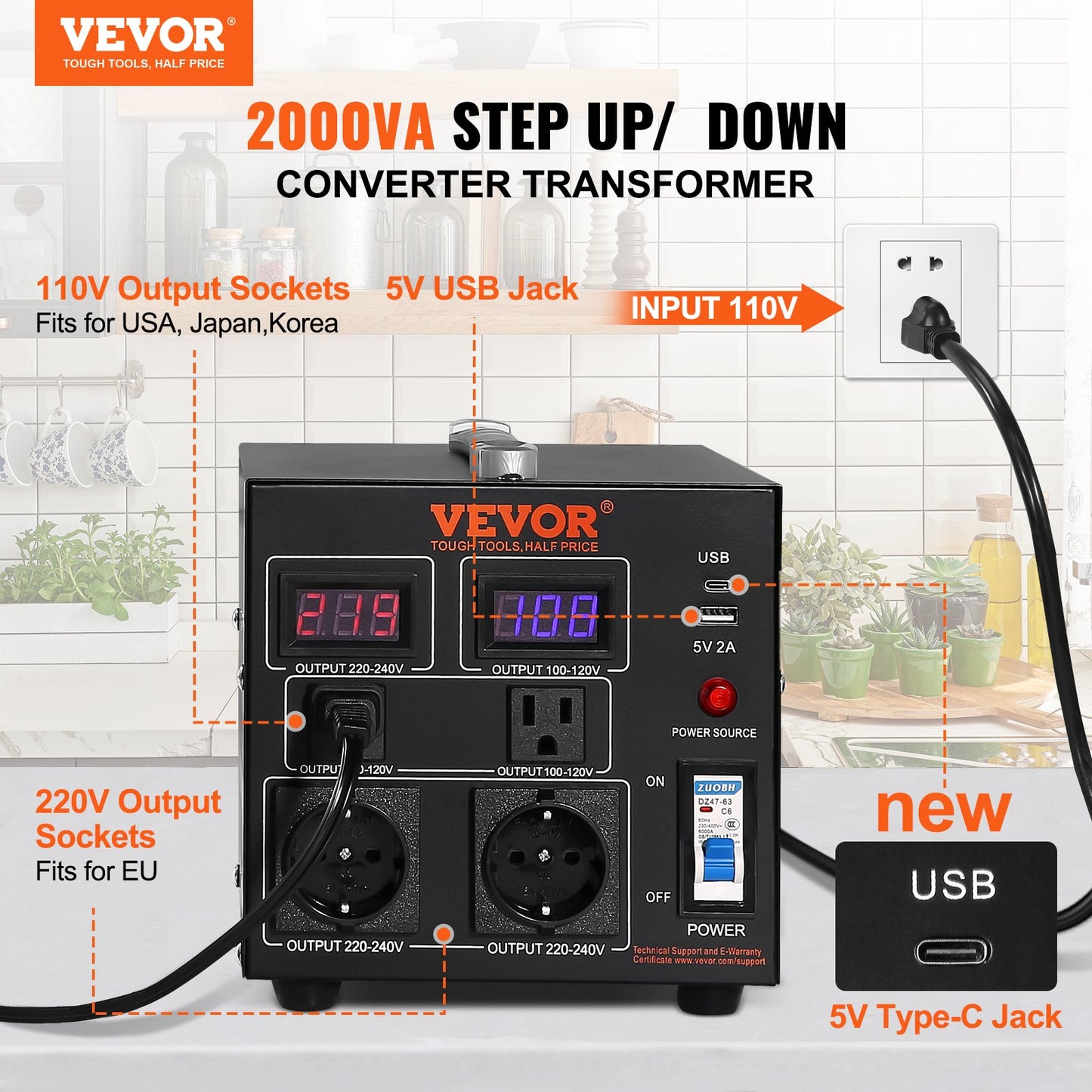 Volt-Konverter-Transformator, 2000 VA, Hochleistungs-Aufwärts-/Abwärtstransformator, Konvertierung von 110 Volt auf 220 Volt und von 220 Volt auf 110 Volt, mit US-Steckdose, EU-Steckdose, 5-V-USB-Anschluss, CE-zertifiziert