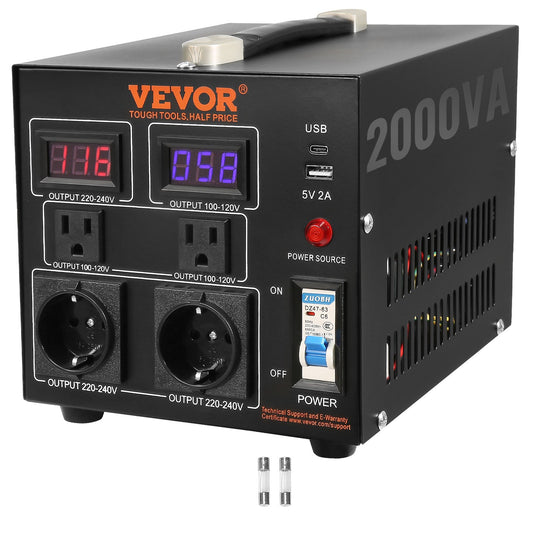 Volt-Konverter-Transformator, 2000 VA, Hochleistungs-Aufwärts-/Abwärtstransformator, Konvertierung von 110 Volt auf 220 Volt und von 220 Volt auf 110 Volt, mit US-Steckdose, EU-Steckdose, 5-V-USB-Anschluss, CE-zertifiziert