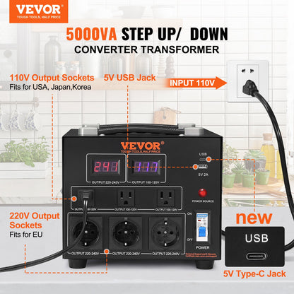 Volt-Konverter-Transformator, 5000 VA, Hochleistungs-Aufwärts-/Abwärtstransformator, Konvertierung von 110 Volt auf 220 Volt und von 220 Volt auf 110 Volt, mit US-Steckdose, EU-Steckdose, 5-V-USB-Anschluss, CE-zertifiziert