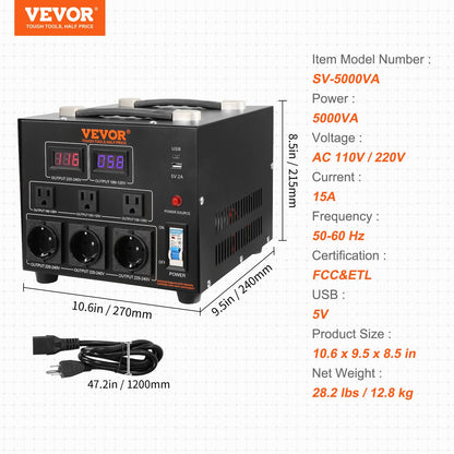 Volt-Konverter-Transformator, 5000 VA, Hochleistungs-Aufwärts-/Abwärtstransformator, Konvertierung von 110 Volt auf 220 Volt und von 220 Volt auf 110 Volt, mit US-Steckdose, EU-Steckdose, 5-V-USB-Anschluss, CE-zertifiziert