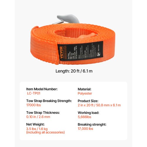 Abschleppseil 17000 lbs 20 ft Auto-Abschleppkabel mit 2 Haken Heavy Duty | EU