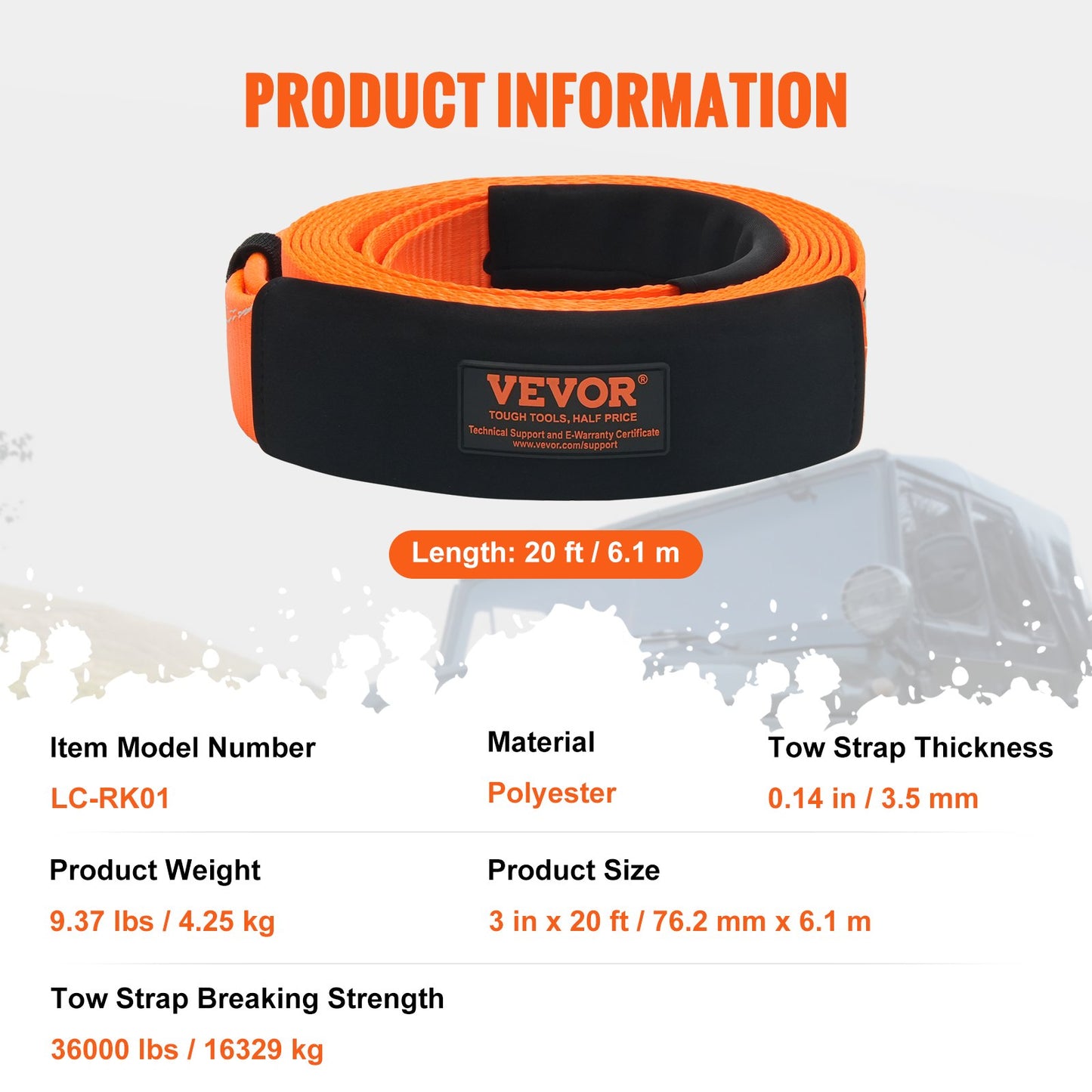 Hochleistungs-Abschleppgurt-Bergeset 3" x 20 ft (MBS-36.000 lbs) Tree Saver-Windengurt, dreifach verstärkte Öse &amp; Schutzhüllen &amp; Aufbewahrungstasche, 3/4" D-Ring-Schäkel, für Jeep SUV ATV