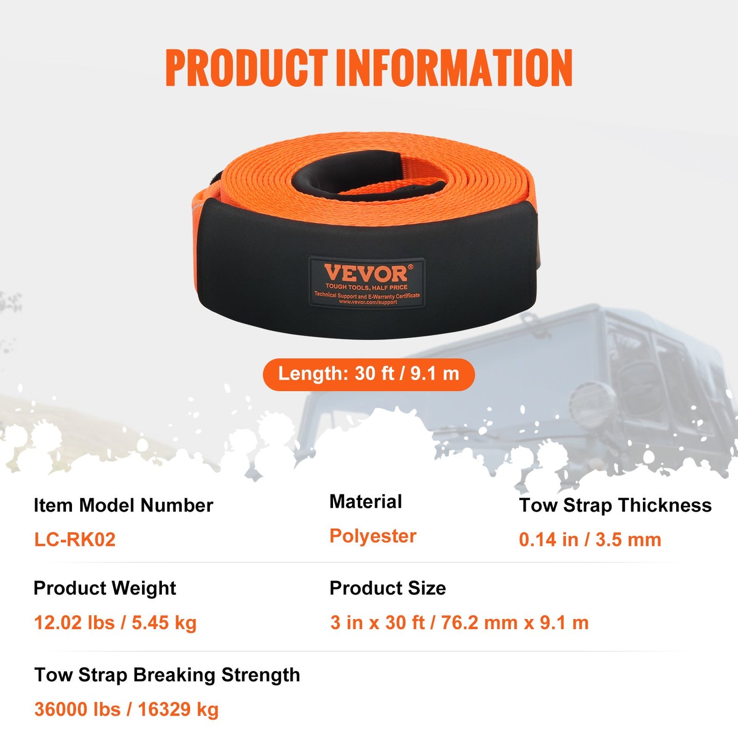 Hochleistungs-Abschleppgurt-Bergeset 3" x 30 ft (MBS-36.000 lbs) Tree Saver-Windengurt, dreifach verstärkte Öse &amp; Schutzhüllen &amp; Aufbewahrungstasche, 3/4" D-Ring-Schäkel, für Jeep SUV ATV