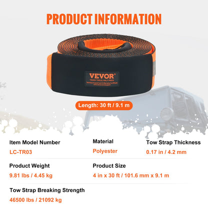 Recovery Drag Strap 4" x 30', 46 500 lbs Bredstyrka, Trippelförstärkta Loop Strap, Tree Saver, Off Road Bogsering och återhämtning, Extremt väderbeständighet, Skyddshylsor och förvaringsväska