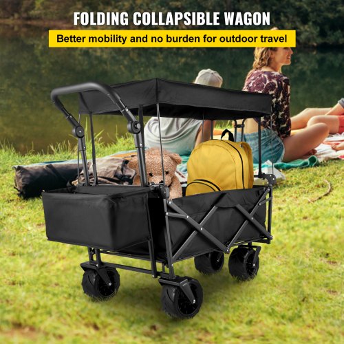 faltbarer Trolley Schwarzer faltbarer Trolley Abnehmbares Dach 600D Oxford-Gewebe Faltbarer Trolley Übergroße Räder Tragbarer faltbarer Trolley Verstellbare Griffe für Strand, Garten, Sport | EU