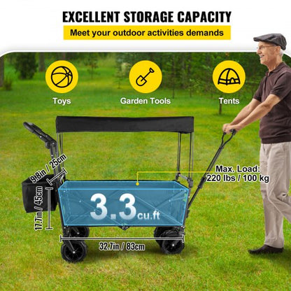 faltbarer Trolley Schwarzer faltbarer Trolley Abnehmbares Dach 600D Oxford-Gewebe Faltbarer Trolley Übergroße Räder Tragbarer faltbarer Trolley Verstellbare Griffe für Strand, Garten, Sport | EU