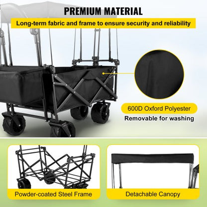 faltbarer Trolley Schwarzer faltbarer Trolley Abnehmbares Dach 600D Oxford-Gewebe Faltbarer Trolley Übergroße Räder Tragbarer faltbarer Trolley Verstellbare Griffe für Strand, Garten, Sport | EU
