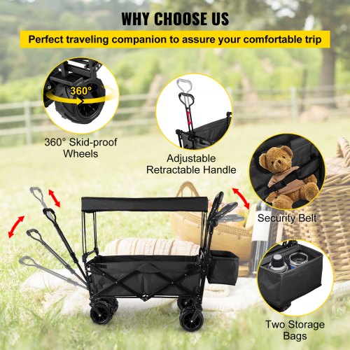 faltbarer Trolley Schwarzer faltbarer Trolley Abnehmbares Dach 600D Oxford-Gewebe Faltbarer Trolley Übergroße Räder Tragbarer faltbarer Trolley Verstellbare Griffe für Strand, Garten, Sport | EU