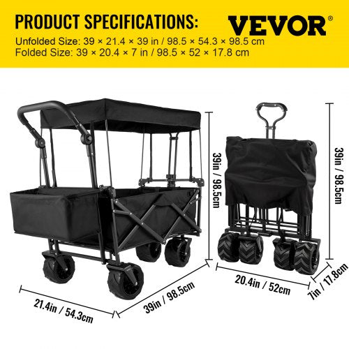 faltbarer Trolley Schwarzer faltbarer Trolley Abnehmbares Dach 600D Oxford-Gewebe Faltbarer Trolley Übergroße Räder Tragbarer faltbarer Trolley Verstellbare Griffe für Strand, Garten, Sport | EU