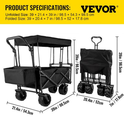 faltbarer Trolley Schwarzer faltbarer Trolley Abnehmbares Dach 600D Oxford-Gewebe Faltbarer Trolley Übergroße Räder Tragbarer faltbarer Trolley Verstellbare Griffe für Strand, Garten, Sport | EU
