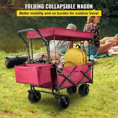 Hopfällbar vagn, hopfällbar vagn med avtagbar kapell 600D Oxford-tyg, hopfällbar vagn överdimensionerade hjul Bärbar hopfällbar vagn justerbara handtag, för strand, trädgård, sport, röd
