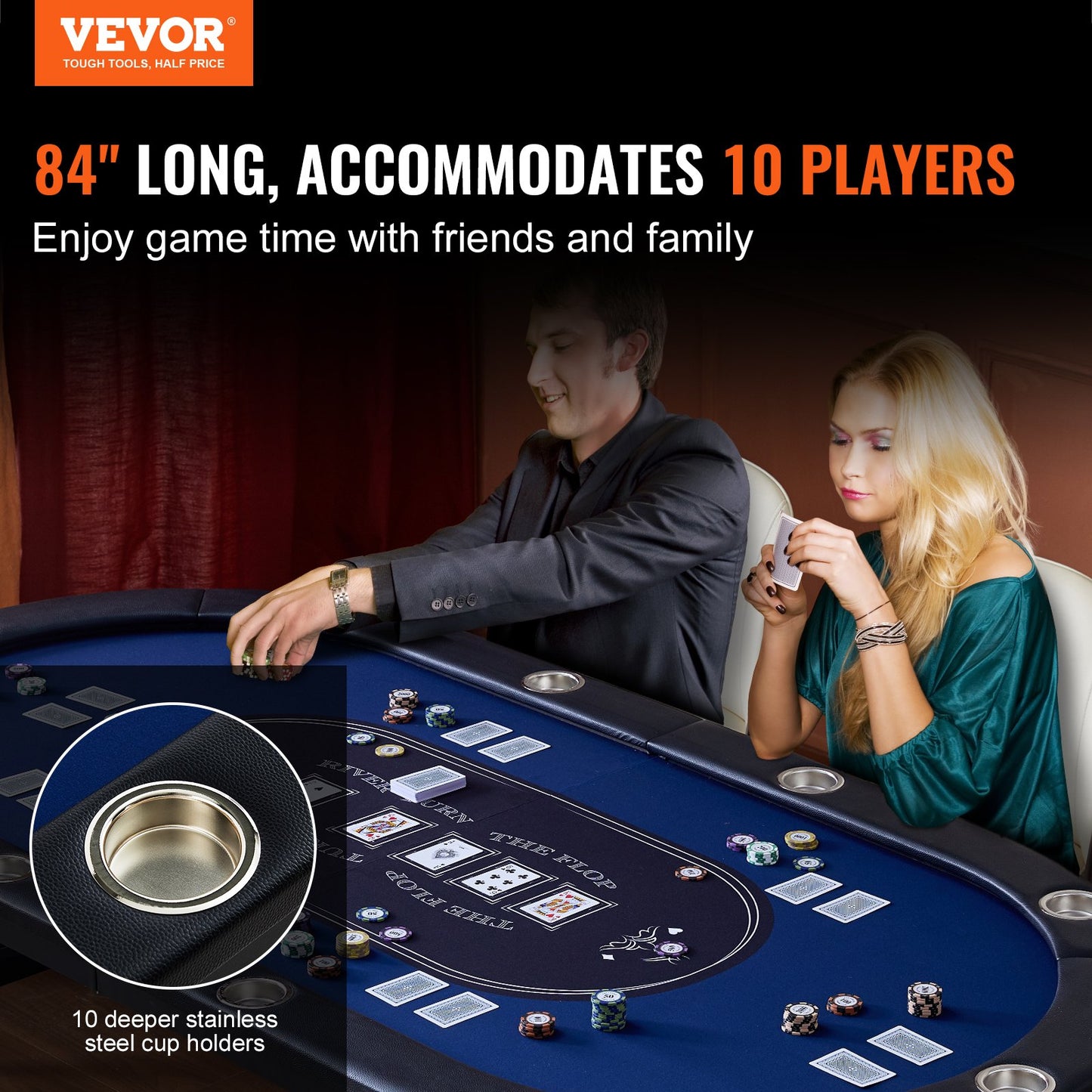 Klappbarer Pokertisch für 10 Spieler, Blackjack Texas Hold'em Pokertisch mit gepolsterten Schienen und Getränkehalter aus Edelstahl, tragbarer, klappbarer Brettspieltisch, ovaler 84-Zoll-Casino-Freizeittisch