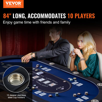 Klappbarer Pokertisch für 10 Spieler, Blackjack Texas Hold'em Pokertisch mit gepolsterten Schienen und Getränkehalter aus Edelstahl, tragbarer, klappbarer Brettspieltisch, ovaler 84-Zoll-Casino-Freizeittisch