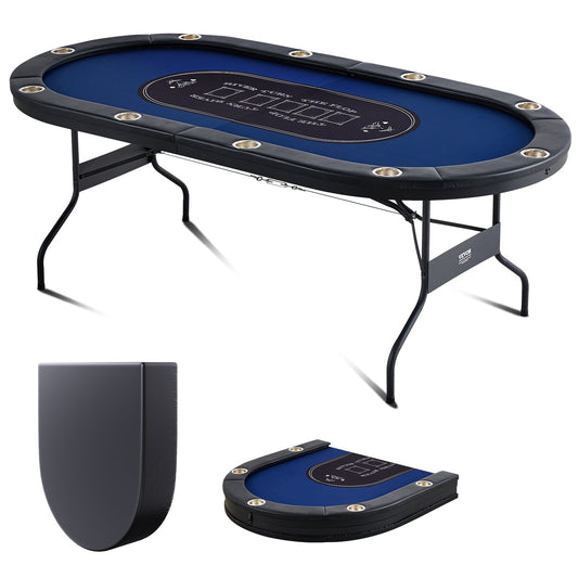 Hopfällbart pokerbord för 10 spelare, Blackjack Texas Holdem pokerbord med vadderade skenor och kopphållare i rostfritt stål, bärbart hopfällbart brädspelsbord, 84" ovalt kasinofritidsbord