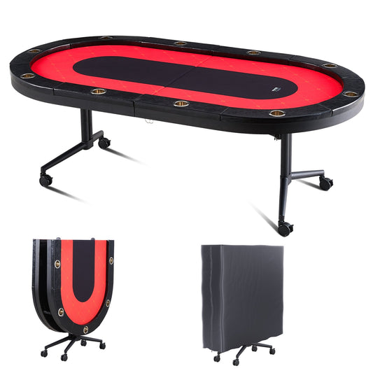 Hopfällbart pokerbord för 10 spelare, Blackjack Texas Holdem pokerbord med vadderade skenor och kopphållare i rostfritt stål, bärbart hopfällbart kortbrädspelsbord, 90" ovalt kasinofritidsbord