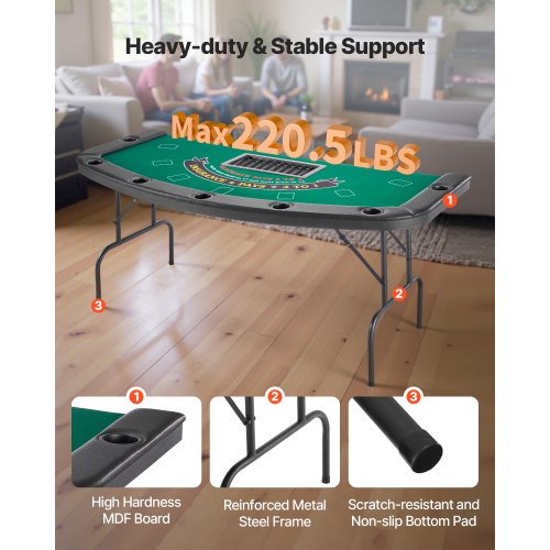 1828.8 mm Foldable Poker Table Foldable Casino Table for 7 Players Texas Hold'em