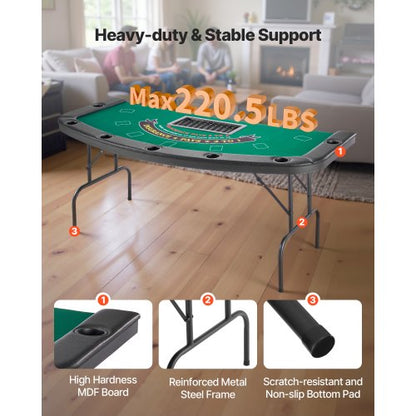 1828.8 mm Foldable Poker Table Foldable Casino Table for 7 Players Texas Hold'em