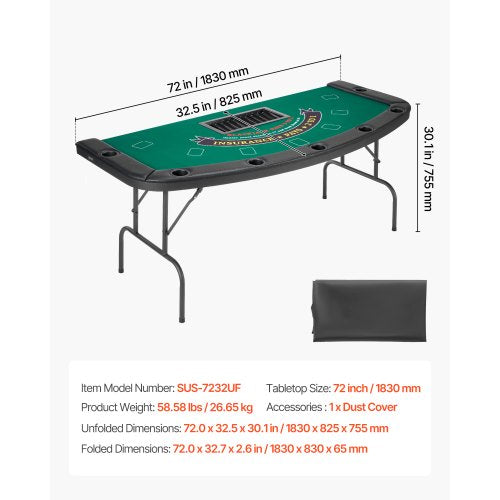 1828.8 mm Foldable Poker Table Foldable Casino Table for 7 Players Texas Hold'em