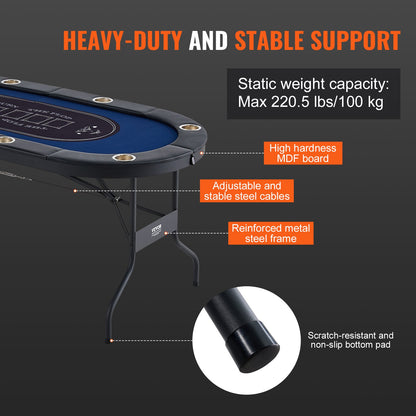 Foldable Poker Table for 8 Players, Blackjack Texas Holdem Poker Table with Padded Rails and Stainless Steel Cup Holder, Portable Foldable Card Board Game Table, 72" Oval Casino Leisure Table