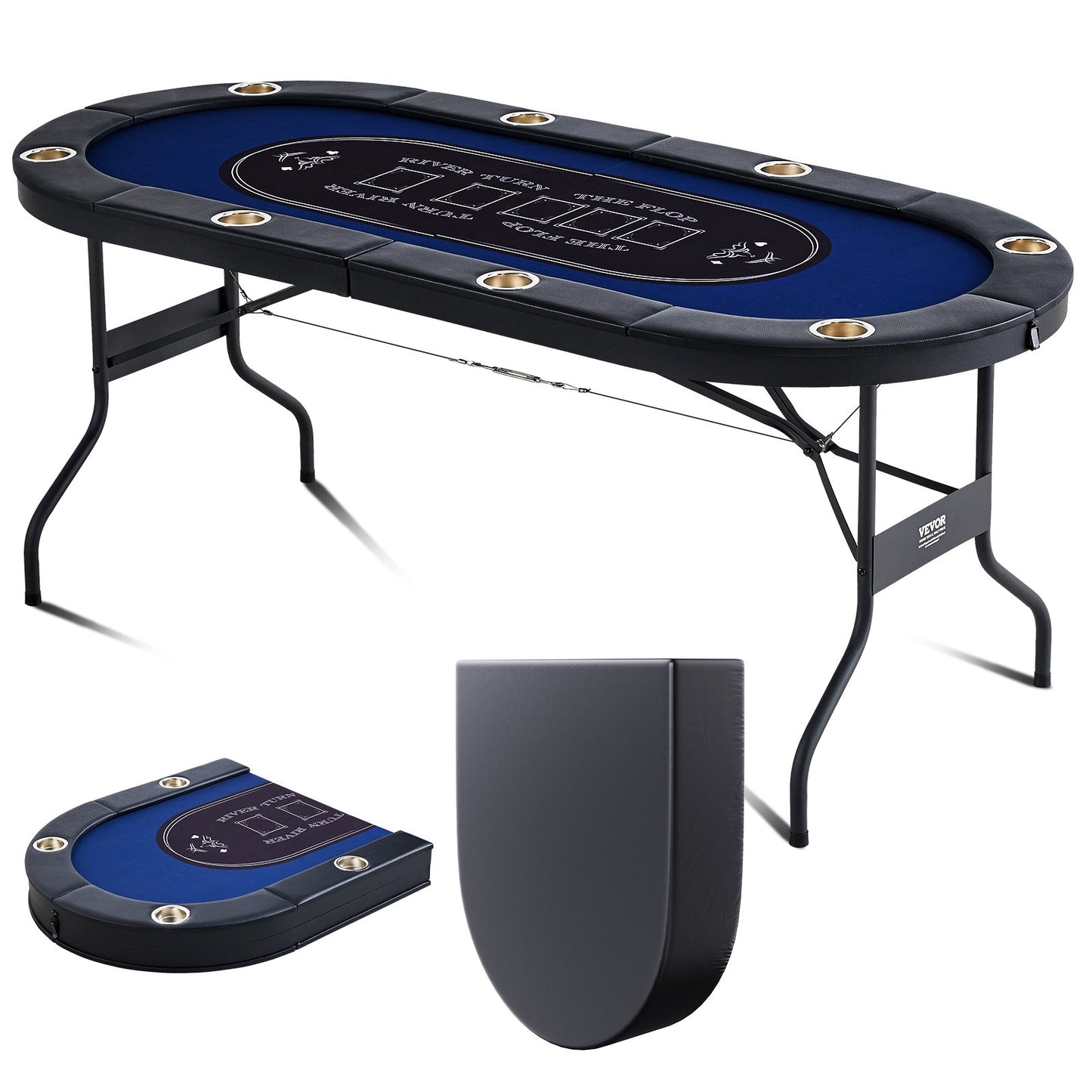 Foldable Poker Table for 8 Players, Blackjack Texas Holdem Poker Table with Padded Rails and Stainless Steel Cup Holder, Portable Foldable Card Board Game Table, 72" Oval Casino Leisure Table