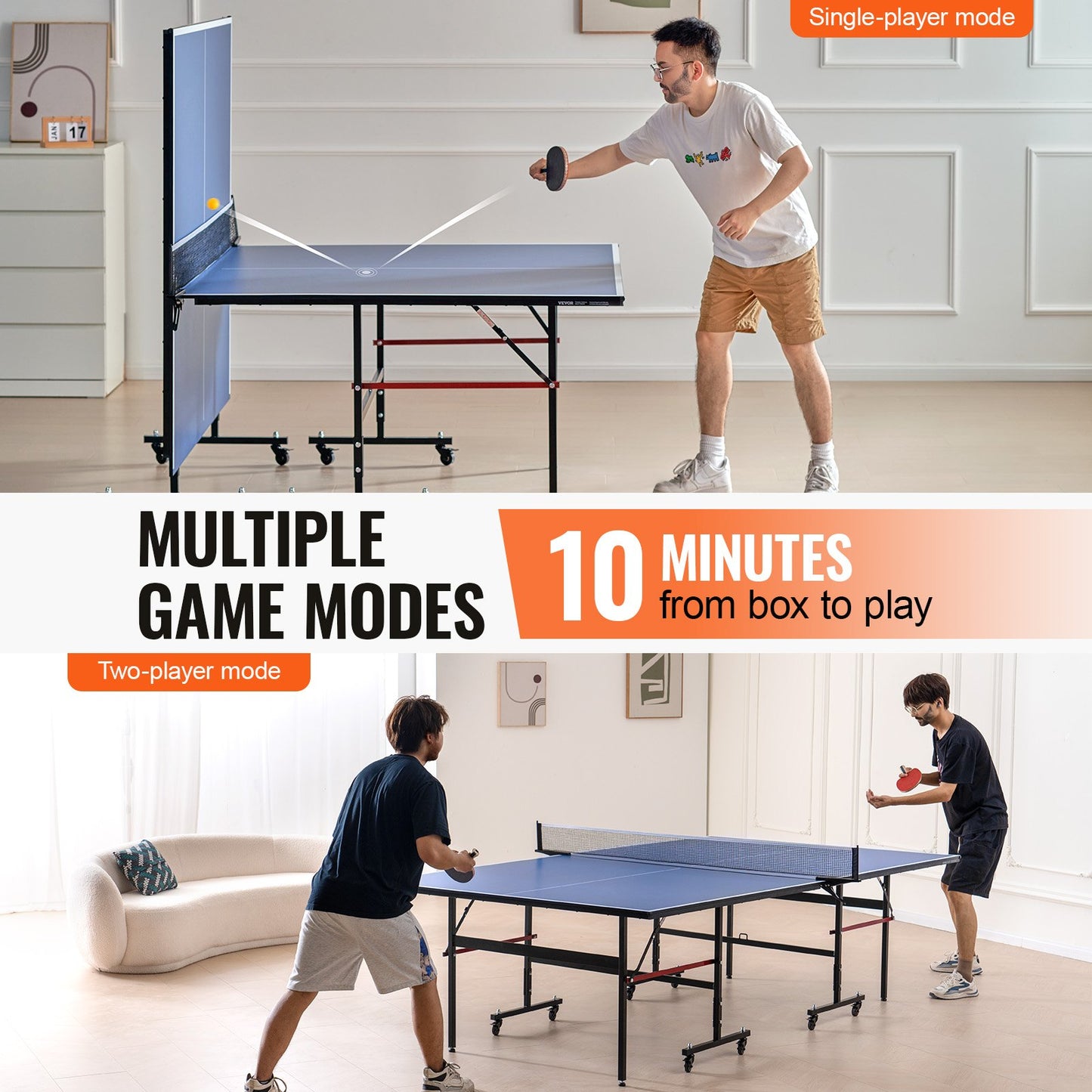 Ping Pong Table Foldable Table Tennis Game Table Indoor with Clamp Net