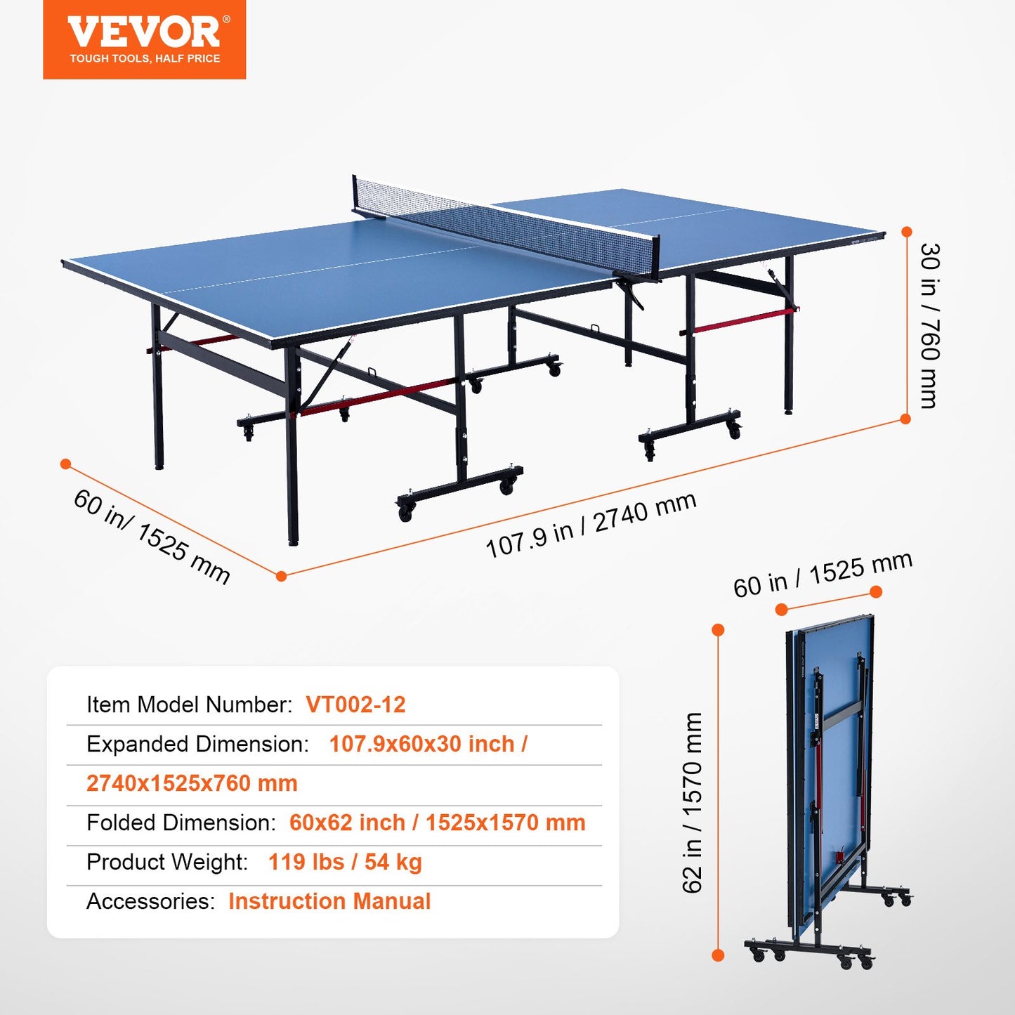 Ping Pong Table Foldable Table Tennis Game Table Indoor with Clamp Net