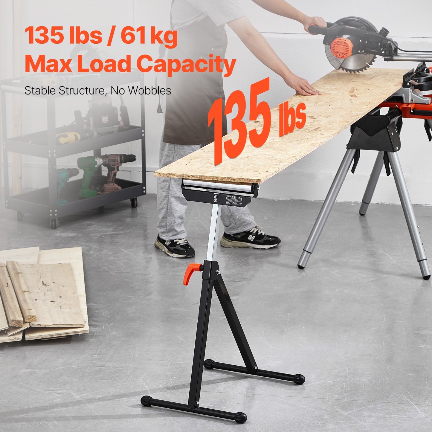 2 st Träbearbetningsrullstativ Max belastning 135 lb Justerbar 26,8-42,5 tum