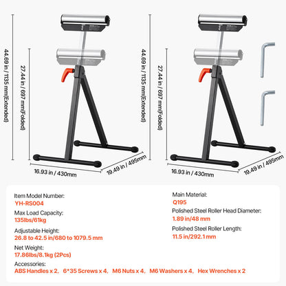 2 st Träbearbetningsrullstativ Max belastning 135 lb Justerbar 26,8-42,5 tum